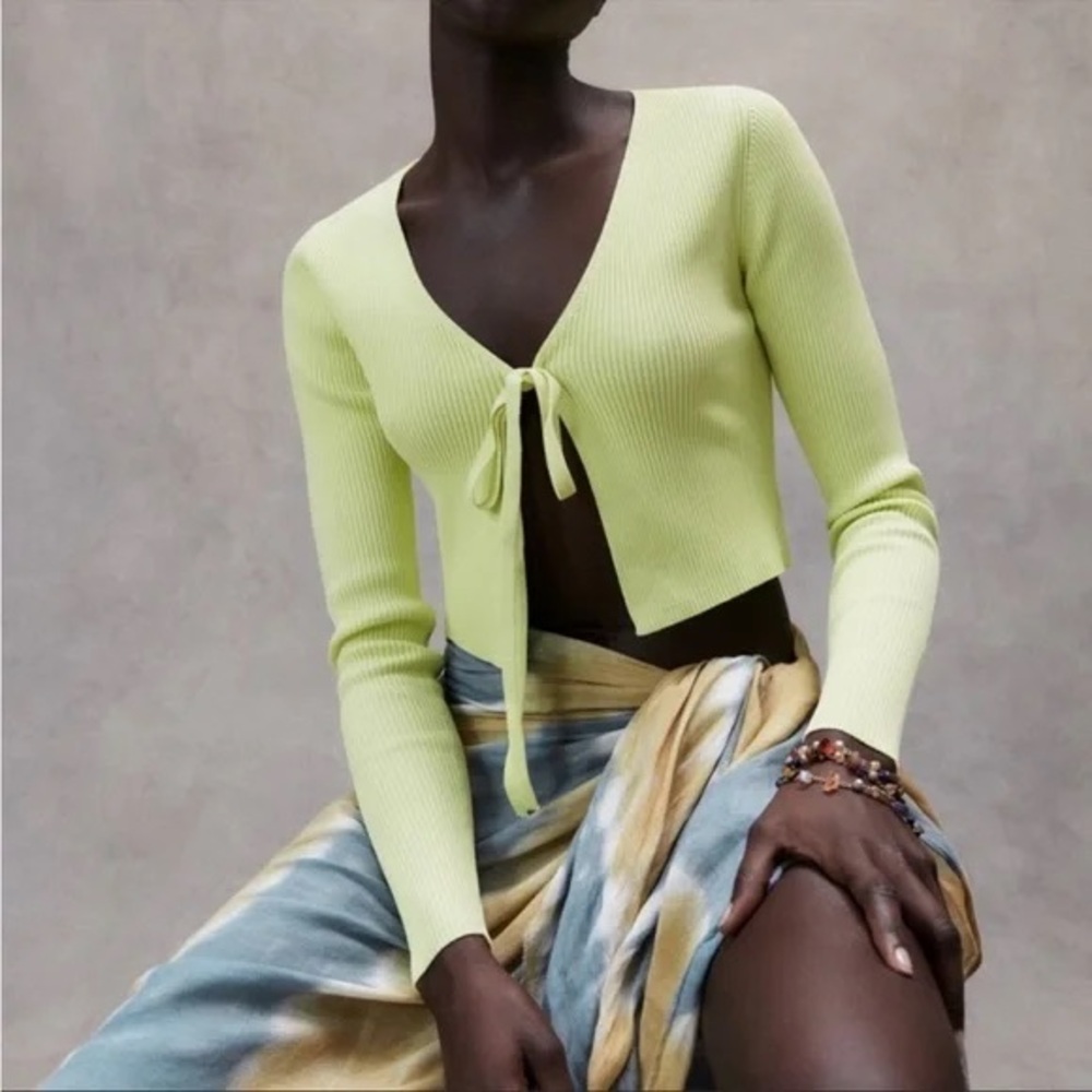 Zara Rib Knit Cropped Front Tie Cardigan Yellow Lime Green S - Picture 3 of 10